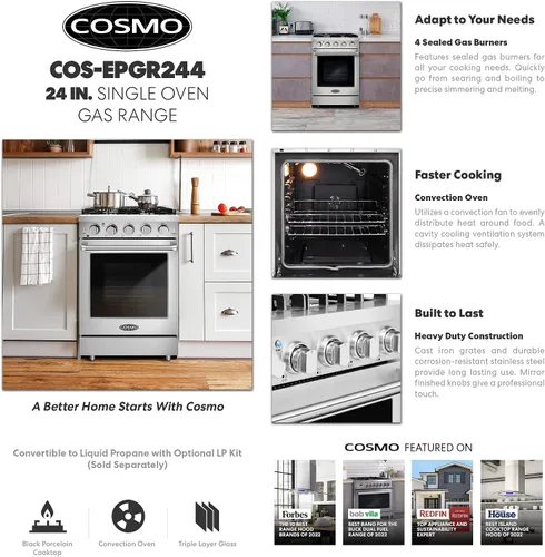 Vista 3 de COSMO COS-EPGR244 24 pulgadas Haven Collection 3.73 pies cúbicos Cocina de gas con 4 quemadores sellados, rejillas de hierro fundido, horno