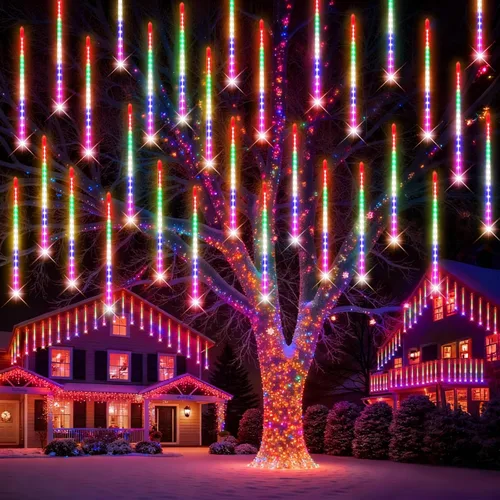 Vista 10 de PEMOTech Luces de lluvia de meteoritos para exteriores, 38.5 pies, 15 tubos de 11.8 pulgadas, 540 luces LED de Navidad al aire libre, luz