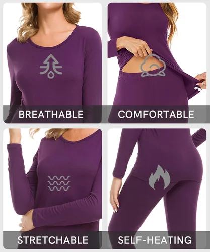Vista 4 de LOMON Ropa interior térmica para mujer, conjunto de pantalones largos de punto suave ultra suave, capa base superior e inferior