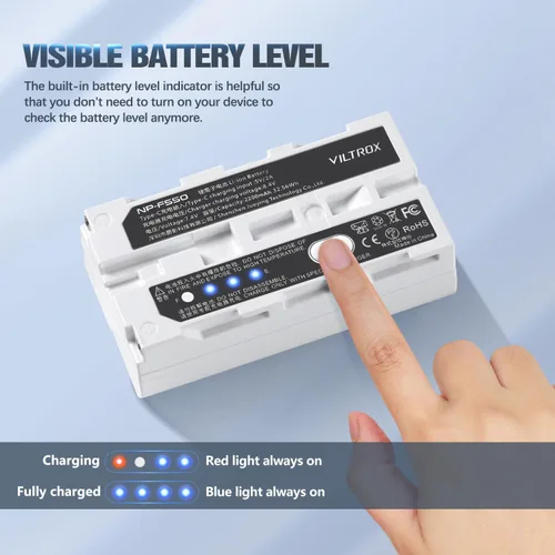 Vista 5 de VILTROX Batería de iones de litio NP-F550, 1 paquete (2200 mAh), repuesto para Sony NP-F550 F570 F750 F770 F950 F960 F970, compatible con luz LED