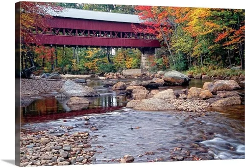 Vista 6 de GREATBIGCANVAS Lienzo decorativo de otoño con puente cubierto de Nueva Inglaterra, arte de decoración del hogar, fotografía de paisaje para oficina