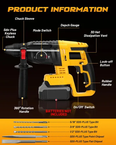 Vista 2 de Taladro de martillo SDS inalámbrico para batería Dewalt 20V MAX, taladro de martillo giratorio sin escobillas con embrague de seguridad