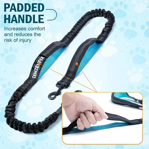 Vista 3 de Correa de perro manos libres con cinturón – Bungee sin tirones, asas acolchadas dobles y bolsa con cremallera para correr, caminar y entrenar