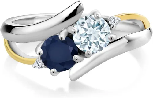 Vista 2 de Anillo cruzado de 2 piedras de plata esterlina 925 y oro amarillo de 10 quilates, azul aguamarina, zafiro azul aguamarina y diamante blanco