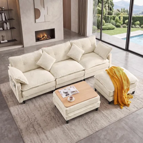 Vista 14 de Sofá de nube en forma de L de 73.5 pulgadas, sofá modular con mesa auxiliar otomana, sofá biplaza de pana con almohada, cómodo y moderno sofá