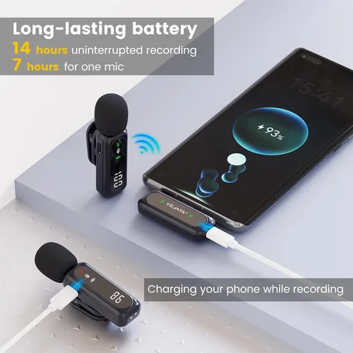 Vista 5 de Micrófono Lavalier inalámbrico con pantalla digital de batería con cancelación de ruido omnidireccional de 360°, clip giratorio de rango de 100 pies