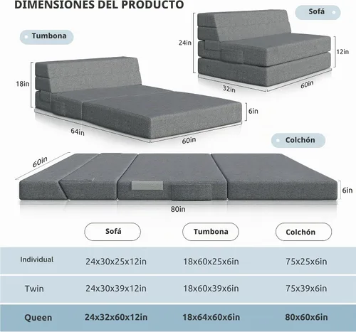 Vista 2 de Youzi Sofá Cama Plegable Queen, Sofá de Suelo de Espuma de 6 Pulgadas y Colchón Plegable con Funda Lavable, Sofá Desplegable para Huéspedes, Camping