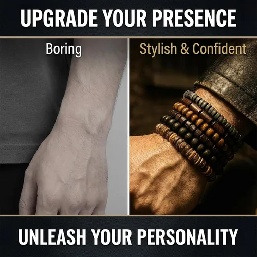 Vista 4 de TIESOME 6 pulseras de cuentas para hombre, cuentas de madera multicapa y pulseras de cuero trenzado, cordón elástico ajustable, estilo grunge