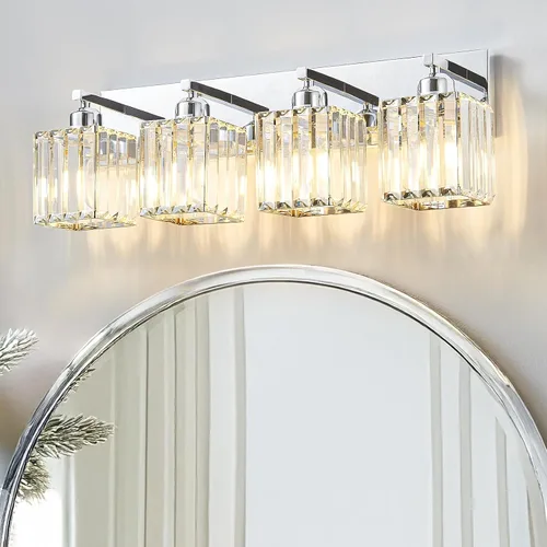 Vista 10 de Moderna lámpara de tocador de baño de 3 luces de cristal cromado moderno sobre espejo cromado iluminación de tocador de cristal aplique de pared