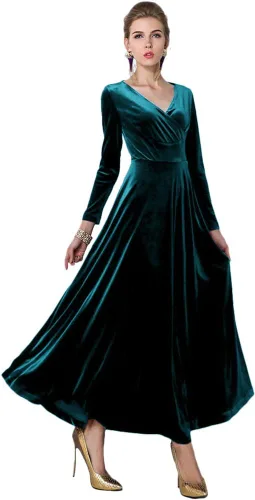 Vista 10 de Urban CoCo Vestido largo de terciopelo elástico con manga larga y cuello en V para mujer Negro