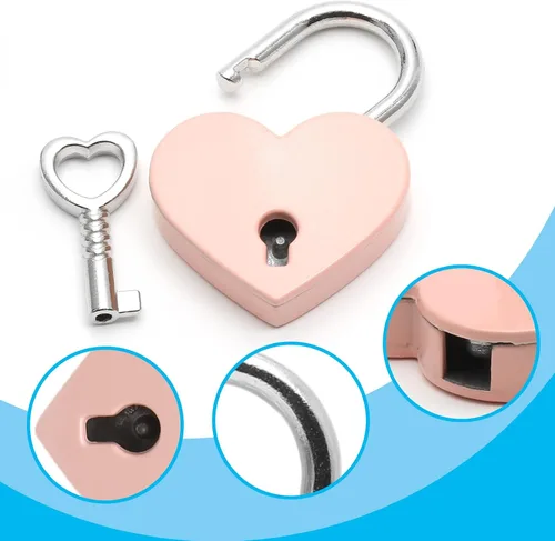Vista 3 de 4 candados rosados con llave, mini candados con cabeza de corazón, estilo moderno de moda