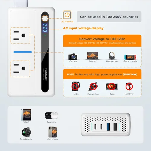 Vista 5 de TESSAN Adaptador de viaje universal con salida de CA dual (tipo C G A I) y convertidor de voltaje de 220 V a 110 V con 4 puertos USB (2 USB C), 2