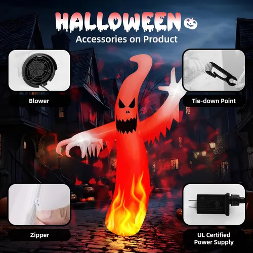 Vista 6 de MGparty Fantasma inflable de Halloween de 8 pies de alto, decoraciones al aire libre, fantasma espeluznante hinchable de jardín con LED integrados