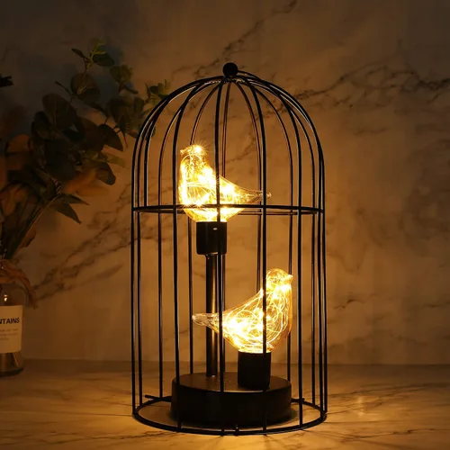 Vista 6 de JHY DESIGN Lámpara decorativa con forma de jaula para pájaros, funciona con pilas, de 13" de alto, luz de acento inalámbrica con luces de hadas