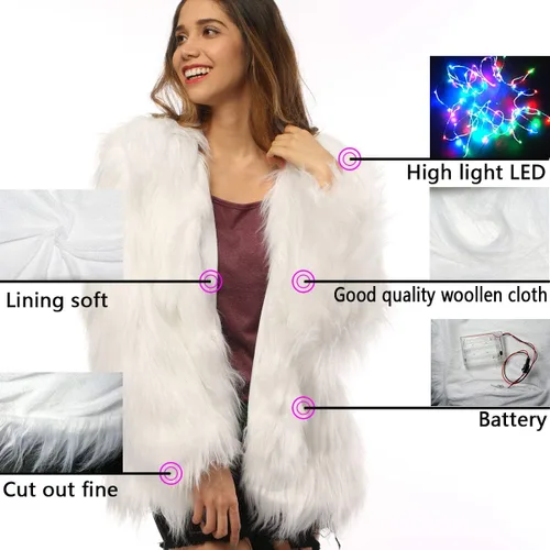 Vista 5 de Abrigo de piel LED para mujer chaqueta brillante con luz de arco iris disfraz de rave peludo blanco Blanco
