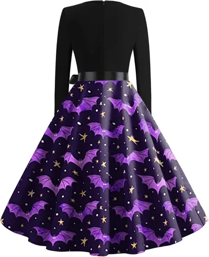 Vista 2 de Vestido de Halloween para mujer, de manga larga, con vuelo, de cóctel de los años 50, vestido de calabaza y esqueleto impreso, disfraz de fiesta