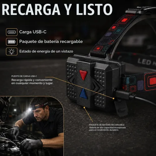 Vista 5 de Linterna frontal LED recargable, 150,000 lúmenes, superbrillante, 60H, con sensor de movimiento, 4 modos, ajustable a 90°, impermeable nivel IPX6