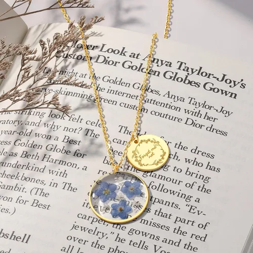 Vista 86 de Forget-Me-Not and Queen Anne's Lace Pressed Wildflower Necklace Birth Month Real Flower Necklace Gold/Silver Pressed Flower Jewelry