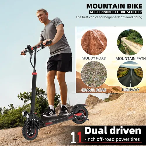 Vista 5 de Scooter eléctrico para adultos, neumáticos todoterreno de 11 pulgadas, batería grande de 48 V 18/21 AH, motor de 1200 W, 34 Mph, 34/37 millas