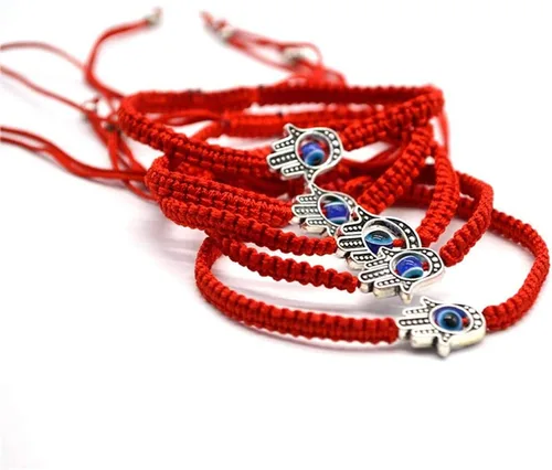 Vista 4 de MENGLINA Pulsera unisex hecha a mano de cuerda trenzada roja de la suerte Hamsa con dije de mal de ojo para mujer, pulseras ajustables y pacíficas
