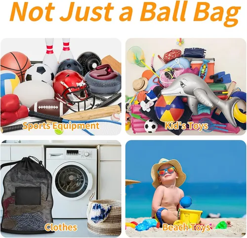 Vista 7 de Bolsa de Malla Extra Grande para Pelotas, Bolsa de Almacenamiento Resistente con Cordón, 61 cm x 91 cm, Capacidad para 8-10 Pelotas de Fútbol