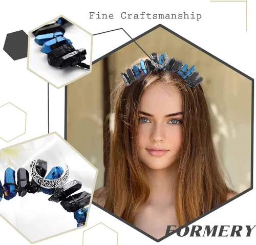 Vista 4 de Formery Diadema de corona de aura de cristal luna hueca negra tiara de piedra natural banda para el cabello fiesta festival Halloween disfraz hecho