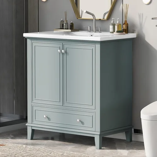 Vista 4 de Combinación de tocador de baño de 30 pulgadas con lavabo, armario de baño multifuncional con puertas y cajón, marco sólido y tablero de MDF