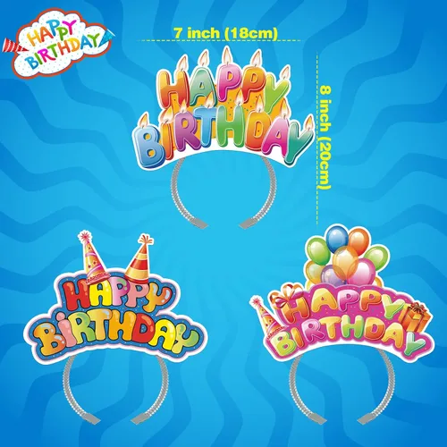 Vista 3 de KKBES Diademas de feliz cumpleaños, sombreros de papel para fiesta de cumpleaños, 3 patrones para niños y adultos que celebran cumpleaños