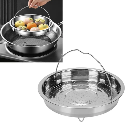 Vista 9 de Pwshymi Cesta de vapor de alimentos de acero inoxidable con patas para olla de cocina, diseño perforado eficiente para verduras y mariscos, adecuada