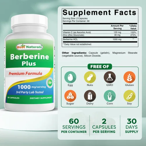 Vista 2 de Best Naturals Berberina Plus 1000 mg por porción, (sin OGM), 60 cápsulas – Contiene berberina HCL 1000 mg, vitamina C 120 mg y gluconato de zinc 30