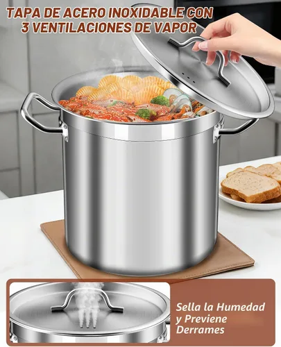 Vista 4 de Olla de 20 cuartos de galón - Olla de acero inoxidable con tapa – Olla de cocina resistente para sopa, guisado, pasta – Uso comercial y doméstico