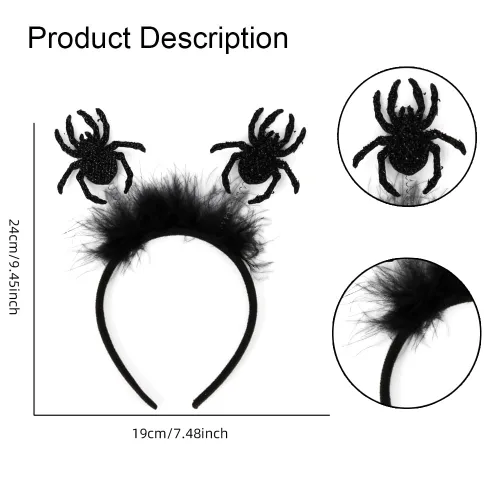 Vista 2 de KOLONAMS Diademas de Halloween de araña negra con purpurina para el pelo de Halloween, sombrero de aro para el pelo de Halloween, desfile, fiesta