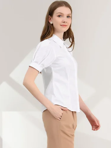 Vista 5 de Allegra K Camisa de manga corta con botones para mujer, con cuello y manga corta