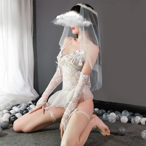 Vista 6 de Vestido de novia de cosplay para mujer, conjunto de lencería sexy de anime japonés
