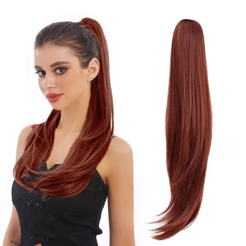Vista 18 de Extensión de Cola de Caballo, Extensión de Cabello con Garra Larga de 20", Piezas de Cabello Sintético Ondulado Liso con Clip en Peluca de Cola