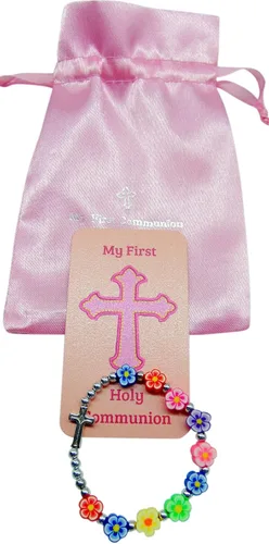 Vista 5 de Westmon Works Pulsera de flores de primera comunión para niñas con tarjeta santa católica elástica muñeca con bolsa de transporte con cordón, Sin