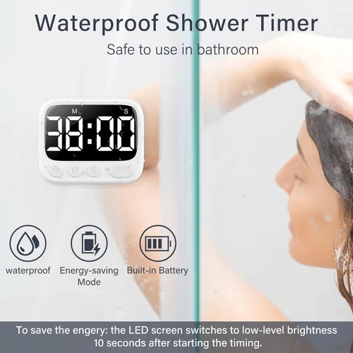 Vista 4 de HAUKINIX - Temporizador de ducha impermeable para baño y aseo, temporizador digital de cocina para montaje en pared, estudio con soporte plegable