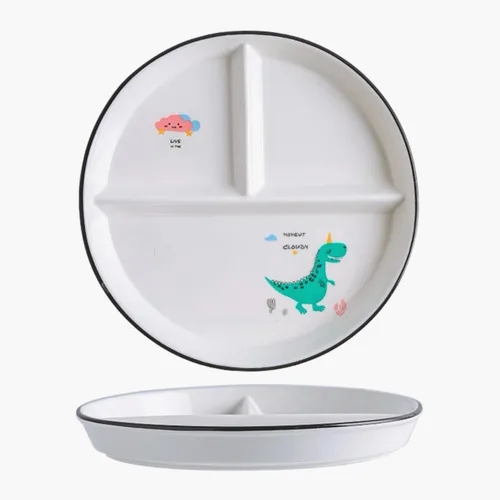 Vista 12 de 1 pieza de plato de porcelana con control de porción de dinosaurio, plato dividido para una alimentación racional, plato de postre dividido, plato