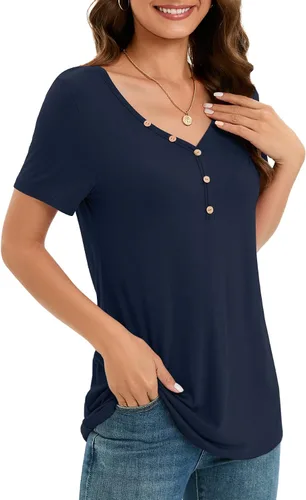 Vista 4 de NILOUFO Camisas casuales de verano para mujer, manga corta, cuello en V, blusas lindas