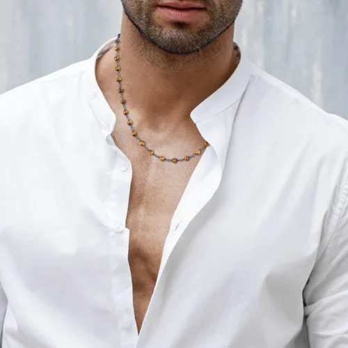Vista 2 de COAI Collar con cuentas de piedra auténtica para hombre y mujer Ojo de tigre café