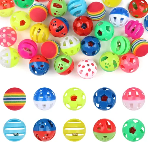 Vista 2 de QUOZUO Paquete de 24 bolas de plástico para gatos, bolas de celosía con campana, juguete de gatito, bola de arcoíris, estilos de caja de regalo