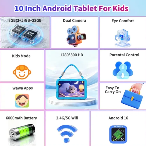 Vista 2 de Tableta para niños, tableta Android 16 para niños de 10 pulgadas Azul