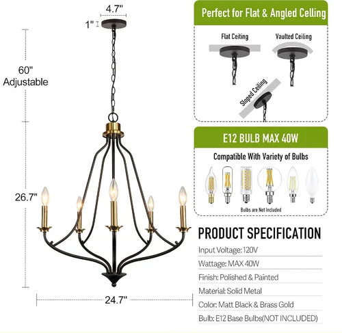 Vista 10 de Candelabro de 5 luces color negro mate y latón, 25 pulgadas, color dorado cepillado, iluminación colgante moderna para isla de cocina, comedor