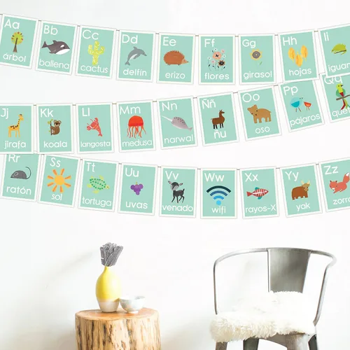 Vista 3 de Tarjetas de pared del alfabeto español de 5 x 7 pulgadas, naturaleza azul, arte de pared para niños, decoración de guardería, decoración