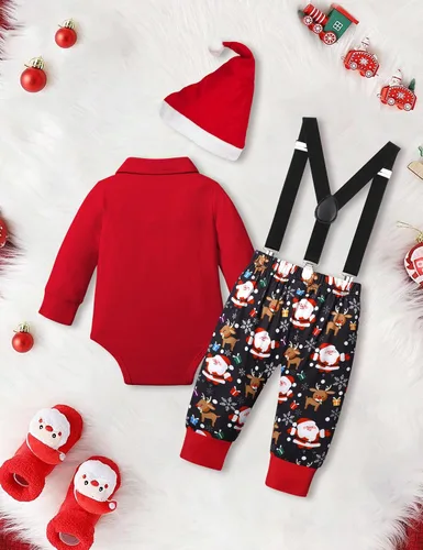 Vista 4 de Conjunto de 3 piezas de traje de Navidad para bebé niño con corbatín y tirantes, pantalones, gorro, conjunto de 3 piezas