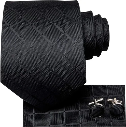 Vista 2 de Hi-Tie Corbata clásica a cuadros para hombre con gemelos de pañuelo