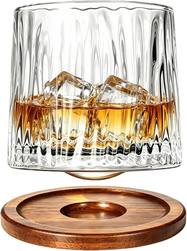 Vista 18 de Vaso de vidrio antiguo giratorio, 275ml/10oz Juego de vasos de whisky de cristal de 2 piezas, posavasos de madera, engrosamiento, utilizado como