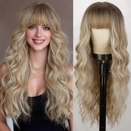 Vista 10 de Lativ Peluca castaña con flequillo para mujer, larga, ondulada, sintética Beginner Friendly,Natural Looking,Silky Smooth Texture,Heat Resistant