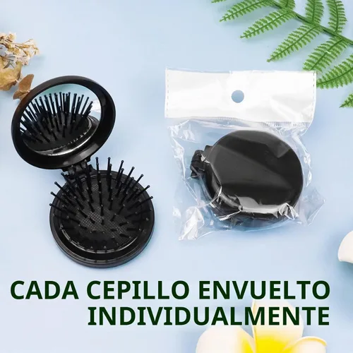 Vista 3 de Paquete de 10 mini cepillos de pelo plegables de viaje con espejo, cepillos Negro