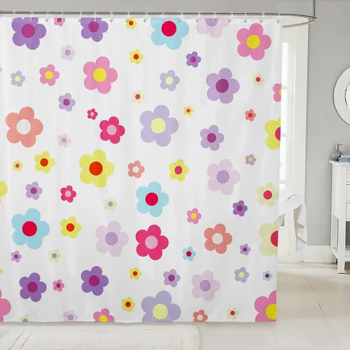 Vista 12 de Cortina de baño de flores de margarita para niños y niñas, cortina de ducha floral para decoración de baño, 72 x 72 pulgadas, retro, floral